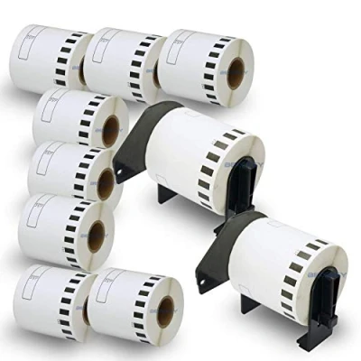 Immagine di BETCKEY 10 Rotoli DK 22212 Etichette di Pellicola a lunghezza Continua Compatibile con Brother, 62mm x 15.24m, per Stampanti Brother QL (2 Portaetichette Riutilizzabili)