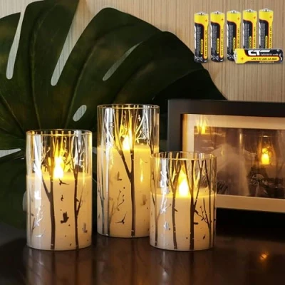 Immagine di Rhytsing 3 Candele di Vetro Led Natale con Timer, Decorazione Luminosa Design in Betulla, Batterie incluse H 10 cm / 12,5 15