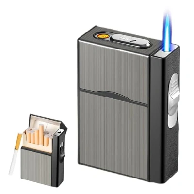 Immagine di Vegena Portasigarette con Accendino, Impermeabile Accendino Tempesta, Antivento, a Gas, USB Ricaricabile può Contenere 20 Sigarette