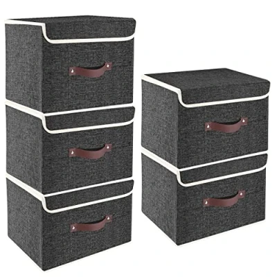 Immagine di TYEERS Scatole Portaoggetti Tessuto, Lavabile, con Coperchio Pieghevole, 38x25x25 cm, Set di 5, Nero
