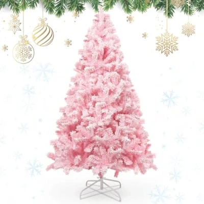Immagine di 210cm/7ft Albero di Natale Rosa con Decorazioni e Floccate Fiocchi Nneve, 1200 Foglie Pino Appuntite PVC Base Stabile, Artificiale per Natalizie