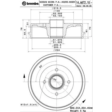 Immagine di BREMBO 14.A672.10 Freni a Tamburo senza anello sensore ABS 203 NISSAN: Micra 3, Note I, C+C 3