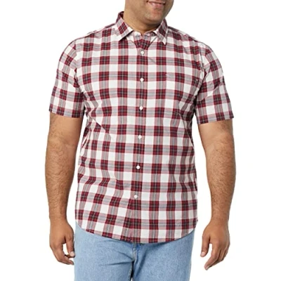Immagine di Amazon Essentials Camicia in Popeline A Maniche Corte Slim Uomo, Rosso Quadretti, XL