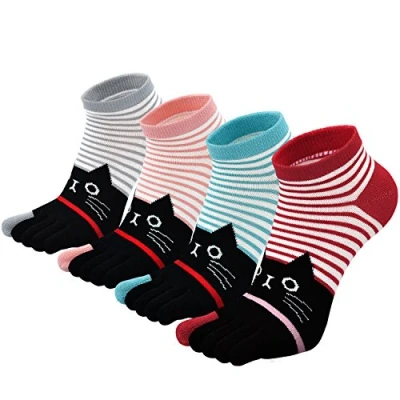 Immagine di Calzini con Dita Separate da Donna: Calze le in Cotone Donna Gatto Animale, 4 Paia
