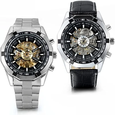 Immagine di JewelryWe Orologio da Polso Uomo Meccanico Cinturino in Acciaio inossidabile e Cuoio, Quadrante Trasparente