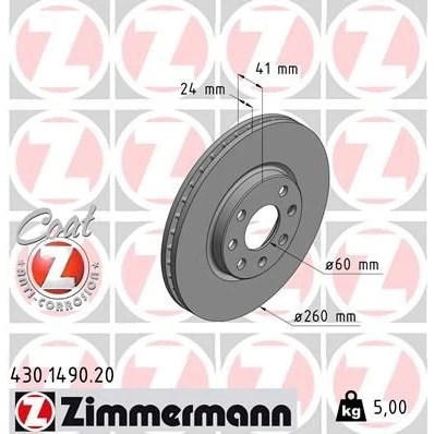 Immagine di ZIMMERMANN COAT Z 430.1490.20 Disco freno 260 24 7/4 4 100 ventilazione interna rivestito OPEL: Meriva A, Corsa C Hatchback, Combo Tour