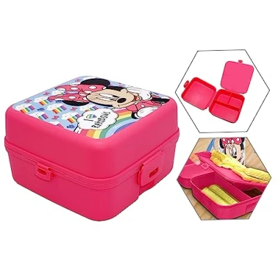Immagine di HOVUK Minnie Mouse Snack Box 14 cm, 3 scomparti, stile Bento per bambini, contenitore la preparazione dei pasti a prova di perdite, regalo ragazze 3+anni