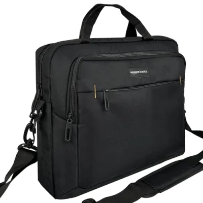 Immagine di Amazon Basics Borsa compatta a tracolla per laptop con tasche portaoggetti accessori, custodia da trasporto, 14 pollici 35,6 cm, 1 unità, confezione 1, Nero