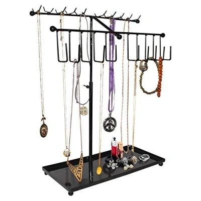Immagine di BELLE VOUS Supporto per Gioielli (42x29cm) Nero Porta in Metallo Regolabile con 30 Ganci ed Vano Inferiore Espositore di collane, orologi, Orecchini, Cosmetici