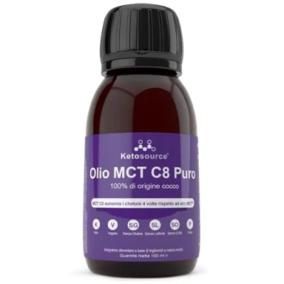 Immagine di Olio C8 MCT Premium 4X in più Rispetto Agli Oli Trigliceridi Acidi Caprilici Puri Paleo, Glutine e Vegano friendly Bottiglia BPA free Ketosource®