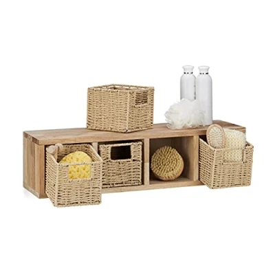 Immagine di Relaxdays 2X Set Mobile in Legno di Noce, Bagno &amp; Cucina, 4 Ceste Estraibile per Ogni Mobiletto, 8 Totali, Naturale
