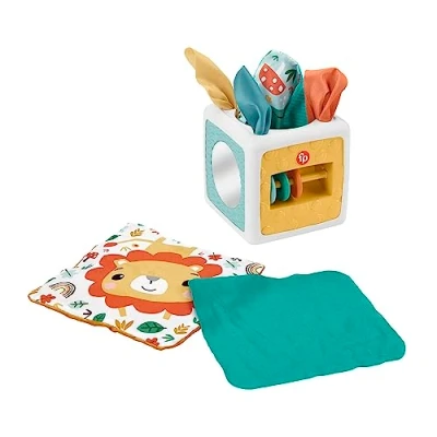 Immagine di Fisher Price Cubetto Baby attività, Scatola di fazzoletti in Tessuto per Il Gioco sensoriale, Include 2 Tessuti Morbidi e 4 Pannelli Giocattolo Bambini, 3+ Mesi, HML64