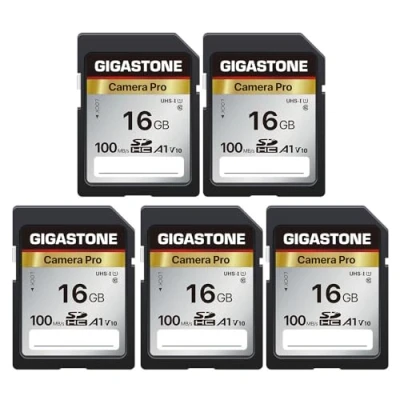 Immagine di Gigastone Scheda SD 16GB, Set da 5, 4K Camera Pro, V10, Memoria 16 GB SDHC, Velocità fino a 100MB/s. Compatibile con Canon Nikon Sony Camcorder, V10 UHS I Classe 10 per video UHD