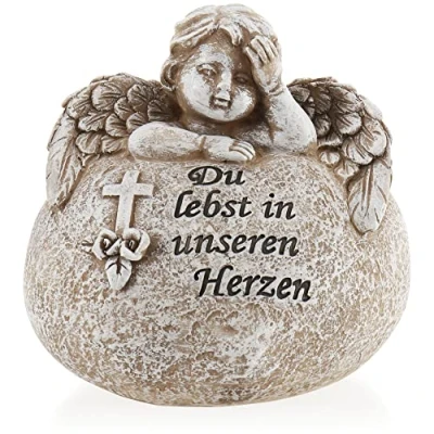 Immagine di com four® Decorazione tombale a Forma di Cuore con Angelo lapide commemorativa iscrizione, Croce e Rose Pietra funebre Frase (1 Pezzo Tu vivi nei Nostri Cuori)