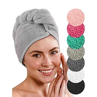 Immagine di LAYNENBURG Asciugamano turbante deluxe con bottone per capelli corti e lunghi Spugna di cotone 4 lacci gratis asciugatura rapida asciugacapelli super assorbente (grigio)