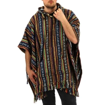 Immagine di LOUDelephant 100% Intrecciato GHERI Cotone Messicano Stile Poncho con Cappuccio Marrone, Verde &amp; Navy