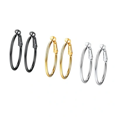 Immagine di PROSTEEL 3 Paia Set Orecchini Cerchio Donna Grandi Piccoli Semplici, Acciaio Inossidabile/Placcato Oro 18K, Diametro 30 mm, Argento Nero Oro(Confezione Regalo)