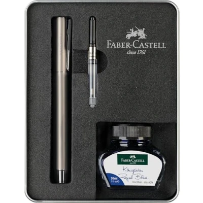 Immagine di Faber Castell 149627 Set da scrittura Neo Slim in acciaio inox opaco, con penna stilografica M, flacone d&#039;inchiostro 30 ml e converter