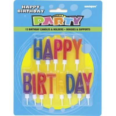 Immagine di Unique Party 71190 Candele Con Lettere &quot;Happy Birthday&quot; e supporto, Set di 13 , Modelli/Colori Assortiti, 1 Pezzo