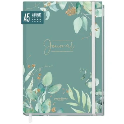 Immagine di paper&amp;you® Bullet Journal punteggiato A5 con elastico [Minty Leaves] 156 pagine taccuino punteggiato, diario sostenibile e climaticamente neutrale