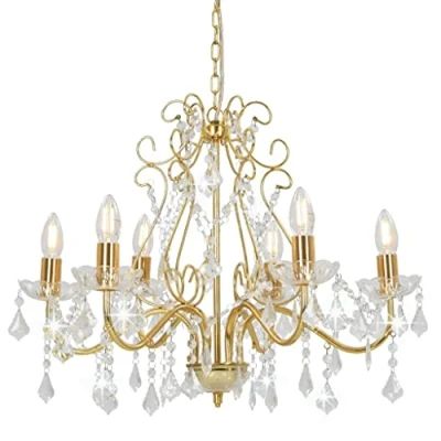 Immagine di vidaXL Lampadario con Perle di Cristallo Rotondo 6 Lampadine E14 Lampada Soffitto Luce Pendente Base in Metallo Dorato Gocce Acrilico Trasparente