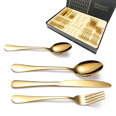 Immagine di Emsmil Set di Posate in Acciaio Inox Oro con Confezione Regalo 24 Pezzi per 6 Persone Moderne Lucidate a Specchio Coltello da Bistecca Forchetta Cucchiaio Lavabile lavastoviglie