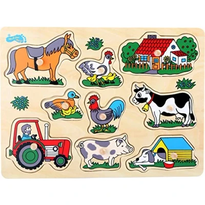Immagine di small foot 1767 Set puzzle edificio in legno, con molti motivi della fattoria e colori vivaci, a partire da 3 anni.
