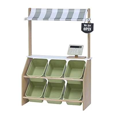 Immagine di Teamson Kids Little Helper Fai Finta di Giocare al Mercato in Legno Stand generi Alimentari Gioco Ruolo Set Giocattoli per Bambini con funzioni interattive e 6 Accessori Verde TD 13638A