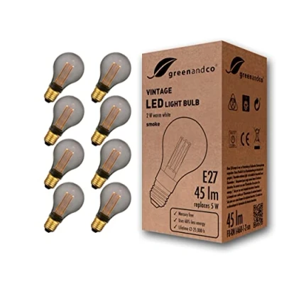 Immagine di greenandco 8x lampadina a LED di design vintage in stile retrò E27 A60 2W 45lm 2000K 320 230V, grigio fumo, nessun sfarfallio, non dimmerabile