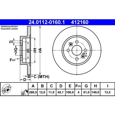 Immagine di ATE 24.0112 0160.1 Disco freno 280,5 12,0 4 100,0 pieno rivestito RENAULT: Kangoo I Express,