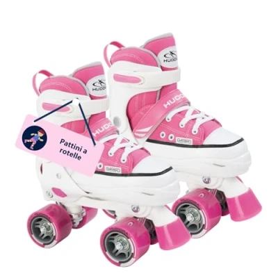 Immagine di HUDORA pattini a rotelle rosa/nero di qualità in nylon comodi per bambini regolabili su 4 misure stile e ragazzi