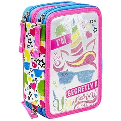 Immagine di Julian Ross Secretly Unicorn Astuccio Triplo Riempito Bambina, 45 Accessori Scuola Elementare, 20 Centimetri, Colla Stick, Mina+, 3 Zip, Scomparti Organizzati