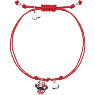 Immagine di Disney Bracciale Argento per Bambine con Minnie e cuore pendente, Impreziosito da smalto rosso Nero Bianco cordino in macrame&#039;