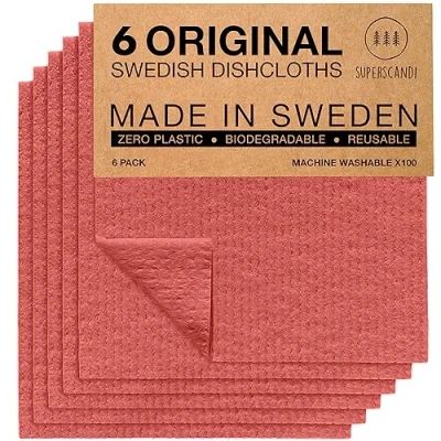 Immagine di SUPERSCANDI Strofinacci svedesi ecologici, riutilizzabili, sostenibili, biodegradabili, Confezione da 6, Colore Marrone