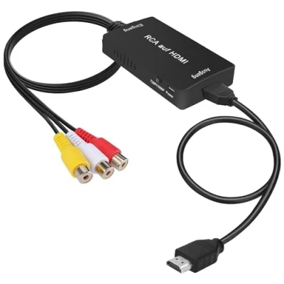 Immagine di uhddadi Convertitore RCA a HDMI, 1080P Composite CVBS AV HDMI Video Converter Adattatore con cavo per PS2/Xbox/SNES/ N64/ VHS/VCR Videoregistratore DVD, Supporta PAL/NTSC(Nero)