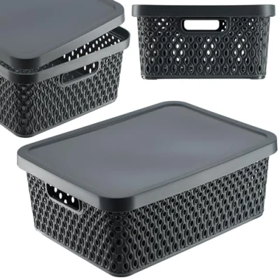 Immagine di KADAX Cesto portaoggetti con coperchio, scatola di immagazzinaggio, contenitore in plastica, moderno per scaffali, fori ventilazione (12 l, grigio)