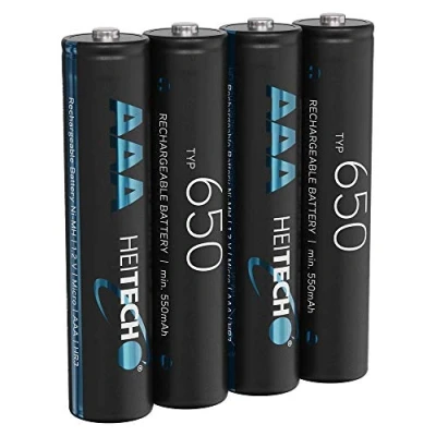 Immagine di Heitech, batteria 650 AAA Micro 4 batterie ricaricabili NiMH con min. 550 mAh e 1,2 V, a bassa autoscarica per dispositivi ad alto consumo energetico, ideali telefono