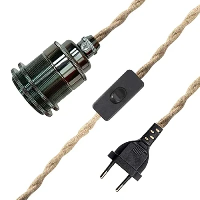 Immagine di E27, cavo per lampada vintage, a sospensione, con interruttore e spina, corda di canapa, kit sospensione fai da te testa singola, cuscinetti Loft（Senza lampadina）