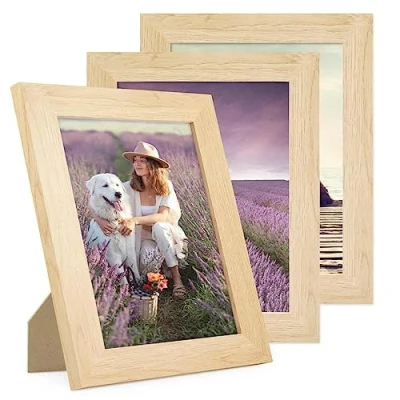 Immagine di PHOTOLINI cornici 15x20 cm legno MDF naturale, set di 3 larghe, moderne, plexiglass infrangibile, da tavolo o parete, accessori extra per una parete dal look raffinato