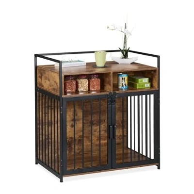 Immagine di Relaxdays Gabbia per Cani, Mobile con Kennel Integrato, HLP: 85x80x54 cm, Ripiano e 2 Ante, Legno Ferro, Marrone Nero, Acciaio