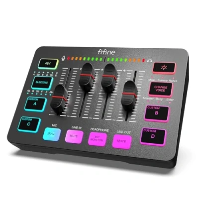 Immagine di FIFINE Mixer Audio PC con Interfaccia XLR, RGB Streaming Gaming Mixer, Controllo Individuale, Regolatore di Volume, Pulsante Muto, Alimentazione Phantom 48V