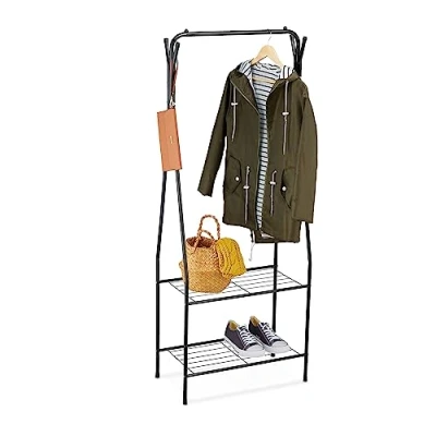 Immagine di Relaxdays Stand Appendiabiti Salvaspazio, 2 Ripiani e 6 Ganci, Camera da Letto Corridoio, HLP 158 x 60 33 cm, Nero, Ferro