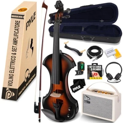 Immagine di Pyle 4/4 Violino elettrico silenzioso con kit amplificatore in legno massello da 10W e accessori completi, strumento a corde orchestrale per principianti uso professionale