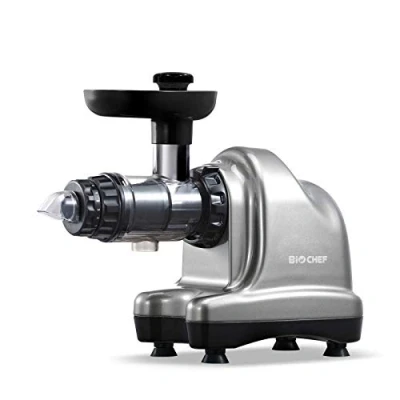 Immagine di BioChef Axis Cold Press Juicer, estrattore a freddo orizzontale, Robot da Cucina, Slow Juicer BPA free con 20 Anni di Garanzia. Per erba grano, frutta e verdura (Argento)
