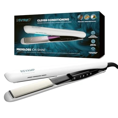 Immagine di REVAMP Piastra Progloss Ion Shine in ceramica, tecnologia ionica anti crespo, con oli super liscianti di cheratina, olio argan e cocco, impostazioni calore variabili, nera