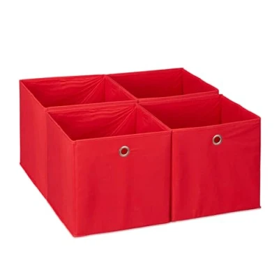 Immagine di Relaxdays Scatola Portaoggetti, Set 4 Box a Cubo da Scaffale, HLP 30 x cm, Portagiochi Pieghevole, Stoffa, Rosso, Poliestere, Cartone