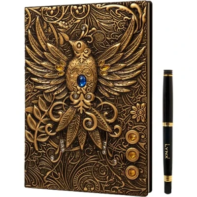 Immagine di DND Notebook/Taccuino/Diario, 200 Pagine, Copertina in Ecopelle Goffrata con Fenice d&#039;Oro 3D, Penna, Ideale per Dungeons &amp; Dragons/D&amp;D/GDR/RPG, Regalo Nerd Fantasy DM e Giocatori, Uomini/Donne
