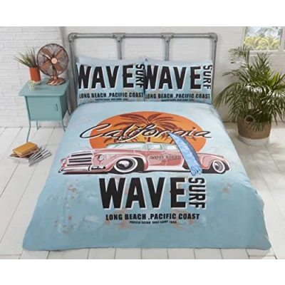 Immagine di Rapport, Set Copripiumino in Stile rétro California con tavola da Surf sulla Spiaggia Palma e Auto Vintage, Blu, Uovo di Anatra, King Size