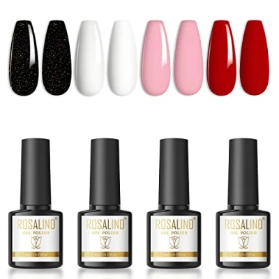 Immagine di ROSALIND Smalto Semipermanente Unghie Nero Bianco Rosa Rosso 8ml Colori UV LED Gel 4pcs Smalti Per