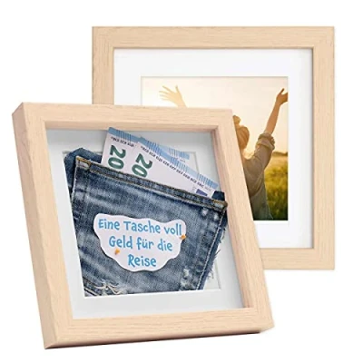 Immagine di PHOTOLINI 3D cornici 20x20 cm naturale, cornice profonda con vetro e passe partout, set di 2 per oggetti fino a 1,5 profondità, legno MDF perfetta il fai da te come regalo